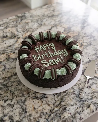 A round chocolate cheesecake with a personalized "Happy Birthday Sam!" message, bordered with chocolate sandwich cookies and mint whipped cream rosettes