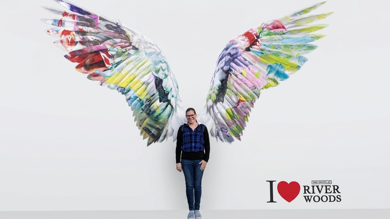 The face behind Bekah's Baking Atelier, in front of a painted wings mural